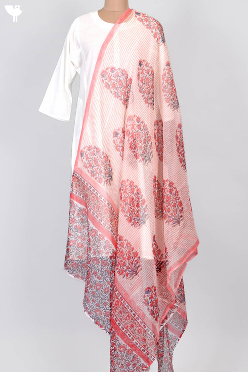Kota Doria Dupatta In Floral Block Print
